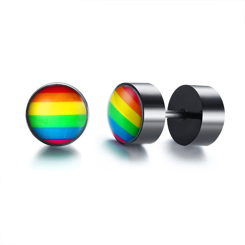 New Rainbow Color Gay Men Pride Barbell Earring Stainless Steel Ear Studs Enamel