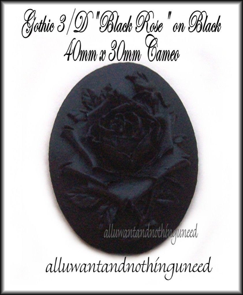 4 Unset Goth Emo BLACK ROSE on BLACK 40mm x 30mm Costume Jewelry Craft CAMEOS