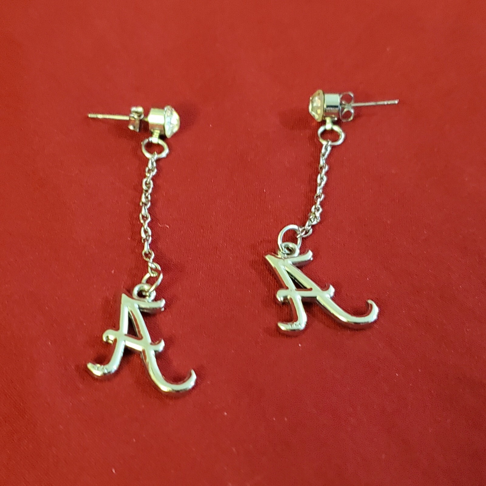 Alabama Crimson Tide Silver Colored Letter A Dangle Earrings with Gemstone!