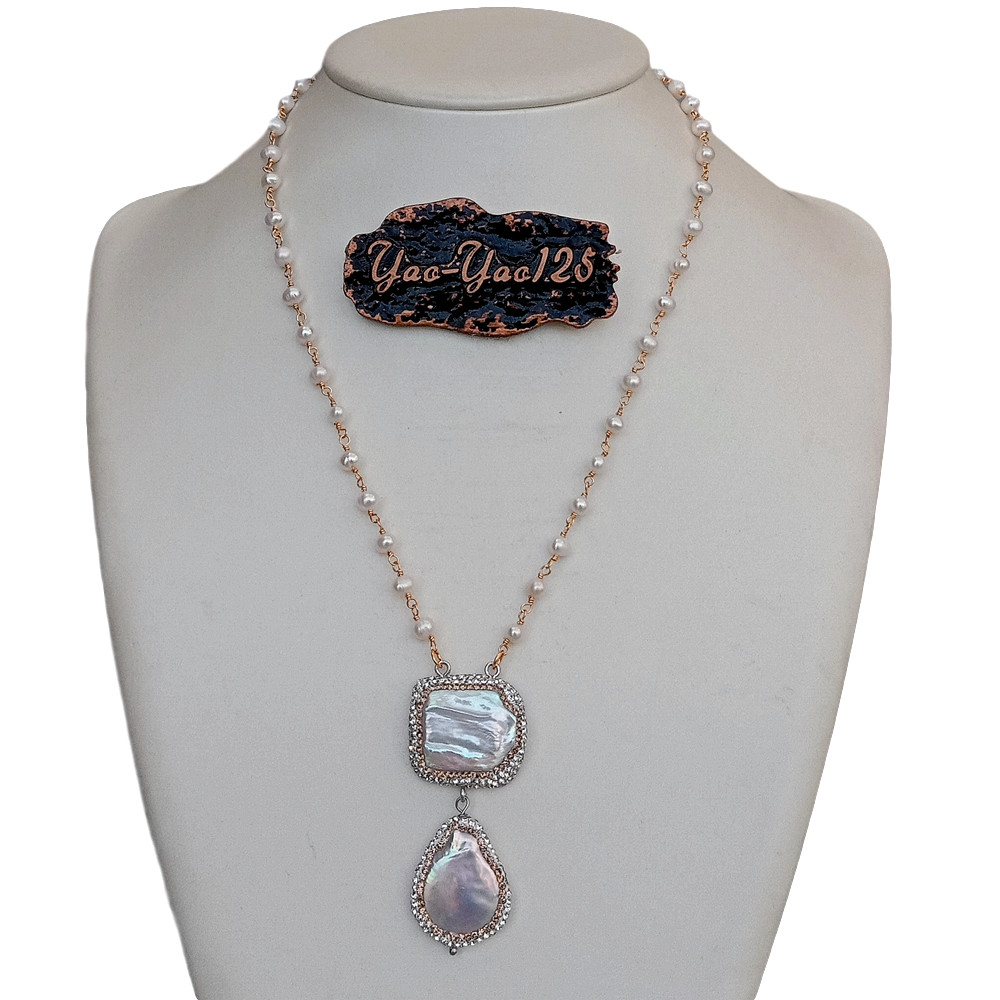 20″ Freshwater Cultured White Pearl Rosary Chain Necklace Keshi Pearl Pendant