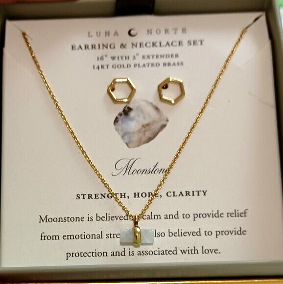 Luna Norte Necklace Stud Earrings Set Moonstone Pendant/Hexagon 14K Gold-Plated