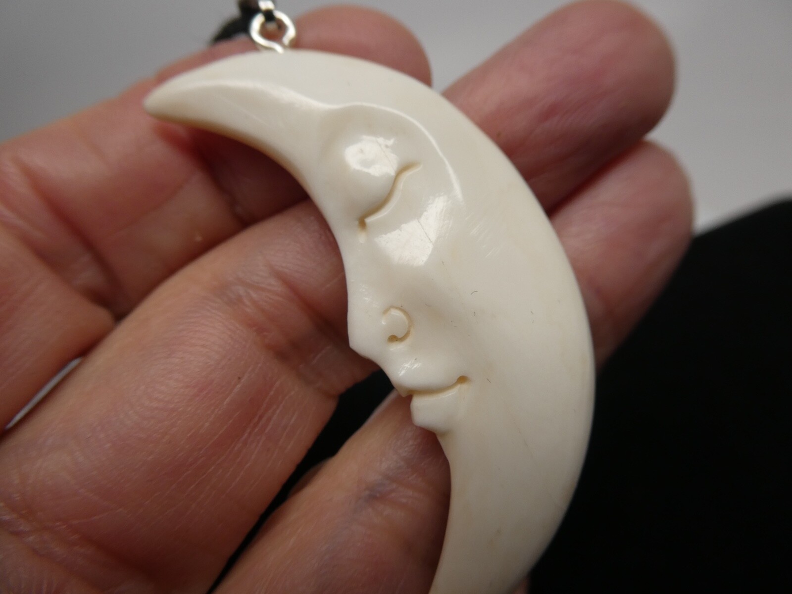 Crescent Half MOON Double Sided Face Carved Water Buffalo Bone Pendant Necklace