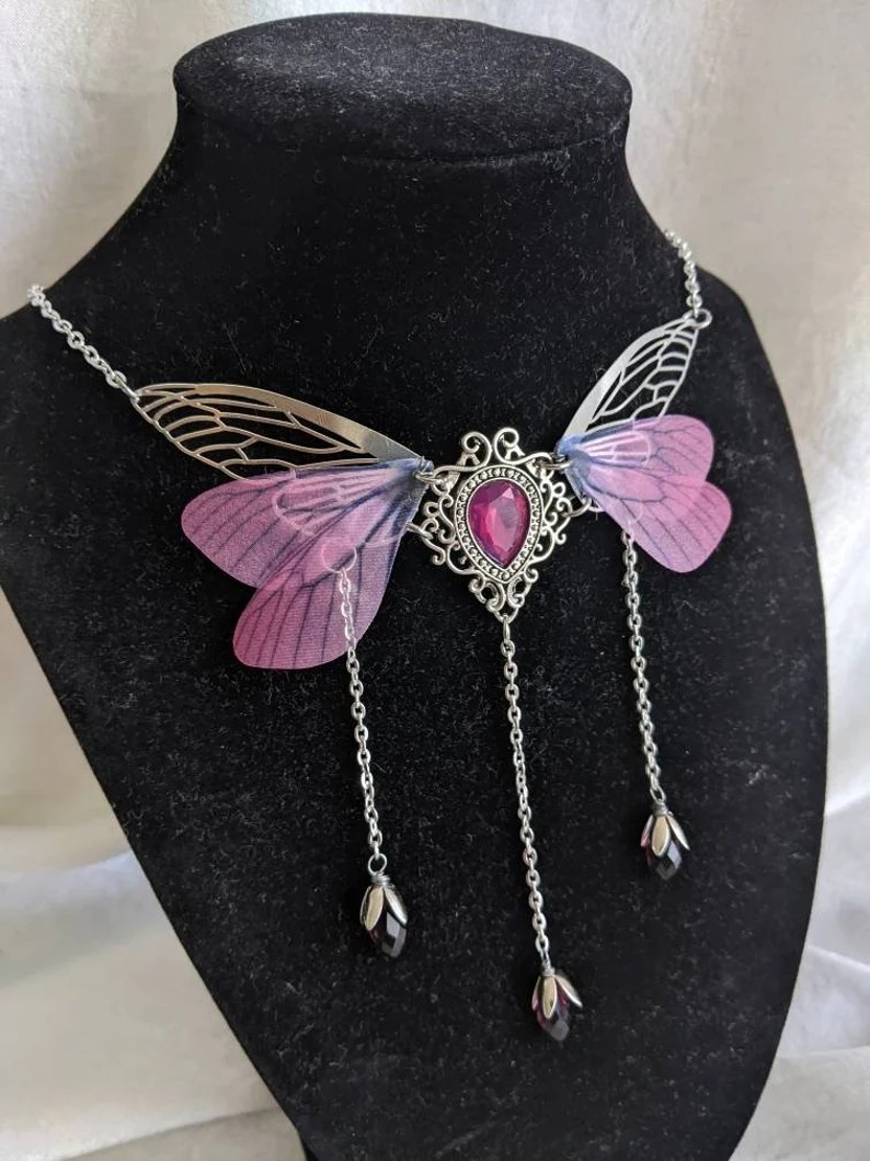 Fairy Wing Pendant Necklace Gothic Butterfly Crystal Charm Chain Fantasy Cosplay