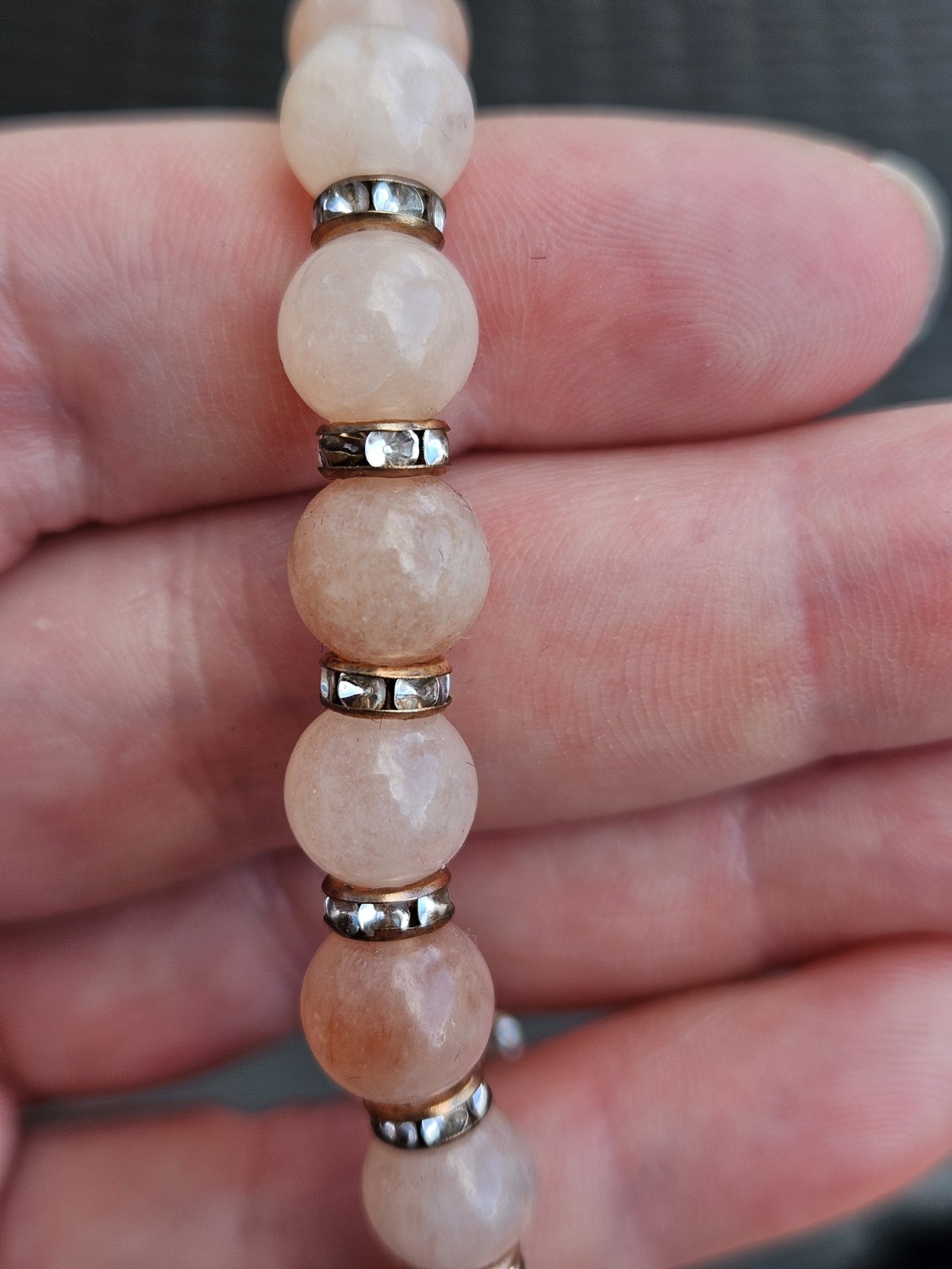 Pink Sunstone 8mm Round Beaded Stretch Bracelet w Golden Rhinestone Spacer Rings