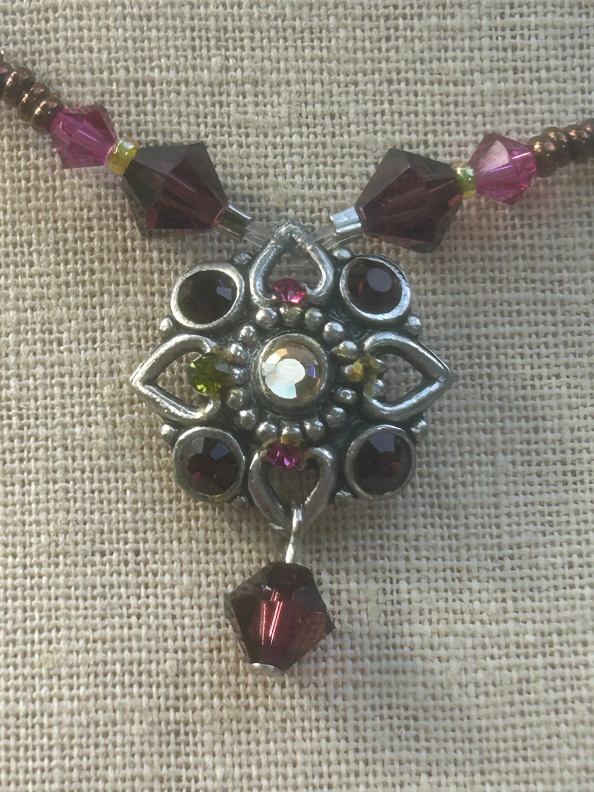 Whimsigoth Crystal Flower Pendant Necklace Fuchsia Brow Beaded Boho Jewelry.