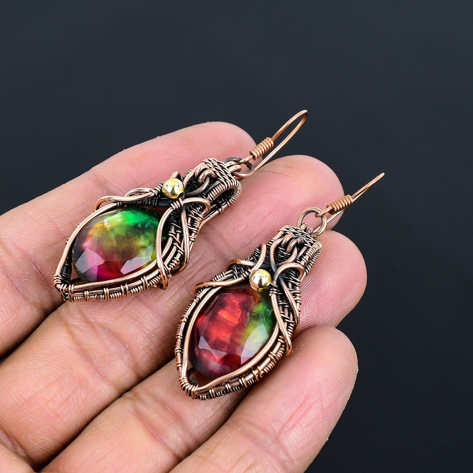 Ammolite Gemstones Handmade Copper Wire Wrapped Beautiful Earrings Jewelry