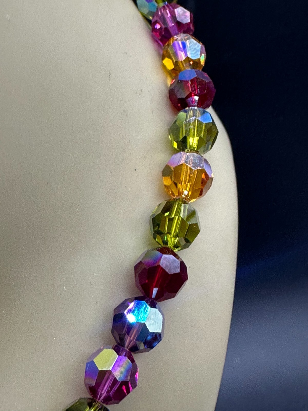 ESTATE STERLING SILVER ART GLASS RAINBOW RIVOLI BEAD STRAND STRING NECKLACE 21″