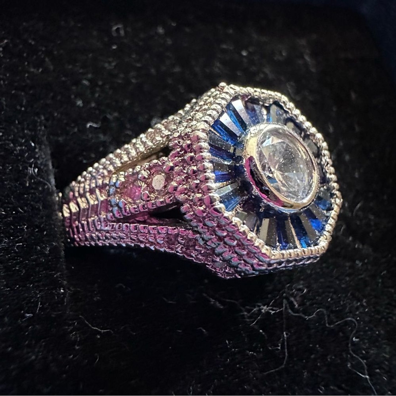 Art Deco Style Sterling Silver and Blue Gemstone Engagement Ring