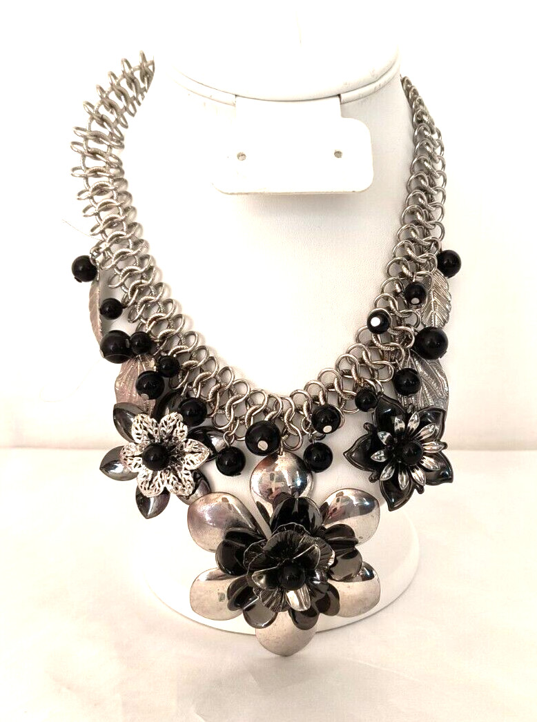 Silver Tone & Black Women’s Statement Necklace Flower Shapes Adjustable Length