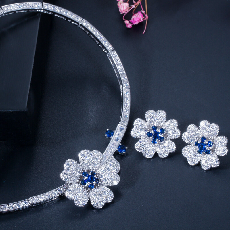 Silver Plated CZ Green Flower Choker Women Party Necklace Earrings Jewelry Set