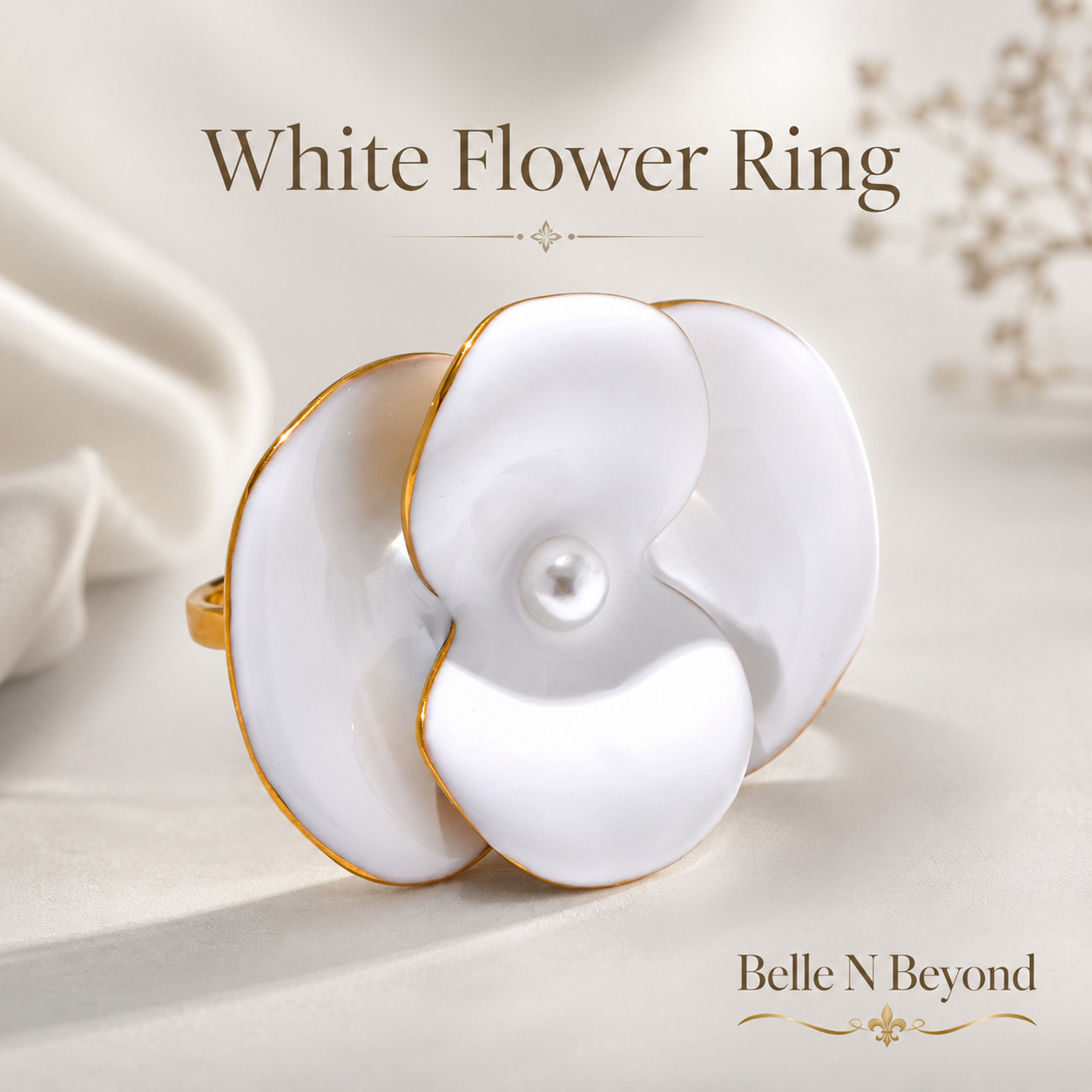 White Enamel Flower Statement Ring Faux Pearl Gold Tone Floral Jewelry