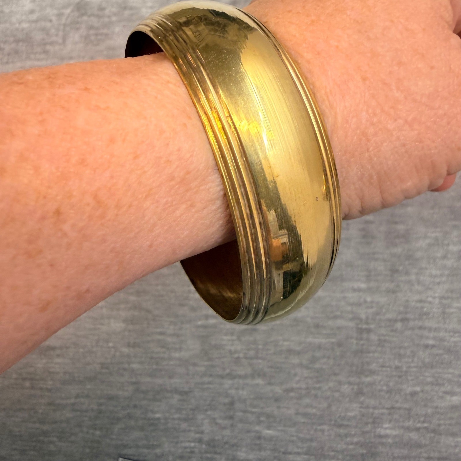Vintage Solid Brass Wide Bangle Bracelet Ribbed Edge Gold Tone Domed Cuff 2.6in