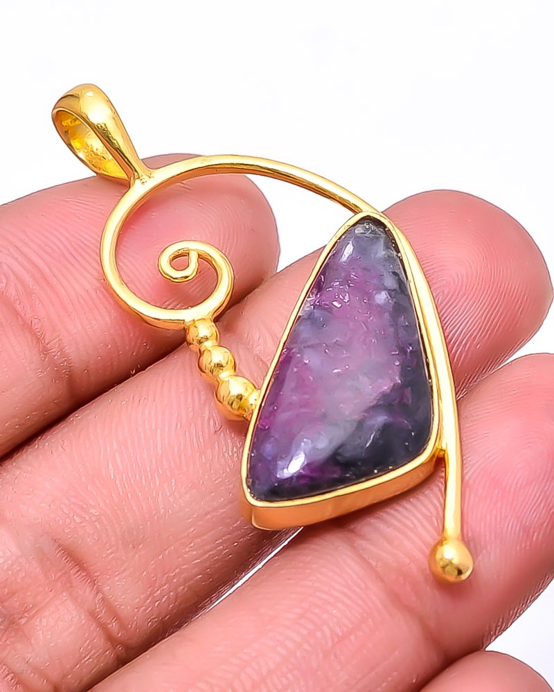 Ruby Simulated Hornblende Gold Plated 925 Sterling Silver Pendant 1.95″ P30