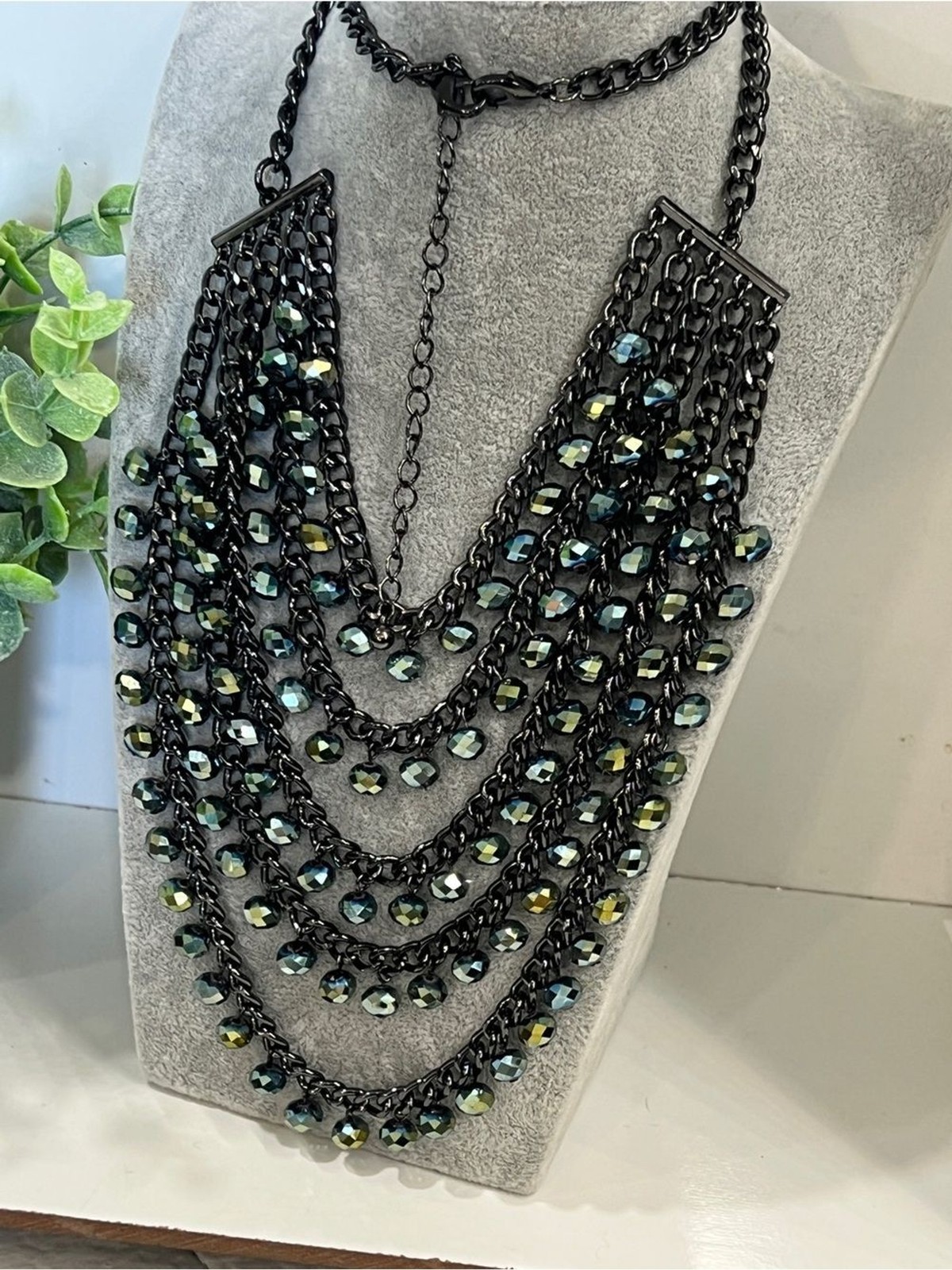 Multi-Strand Black Chain Necklace with Iridescent Beads