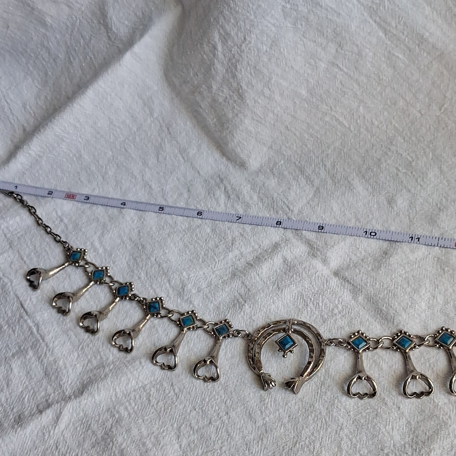 Silver Tone 18in Cable Chain Necklace Horseshoe Charm Blue Square Stone