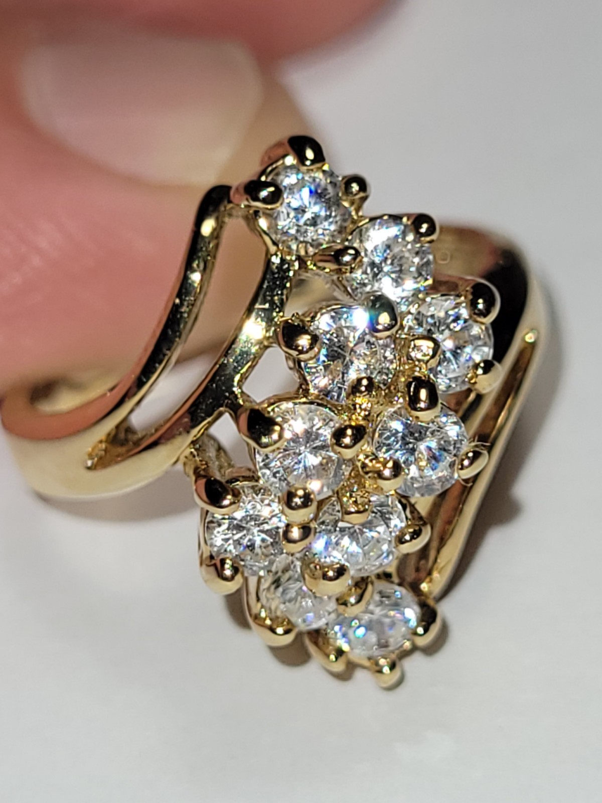 JQA 14K HGE Signed LIND Goldtone Cocktail Ring Clear CZ Crystal Statement Fashio