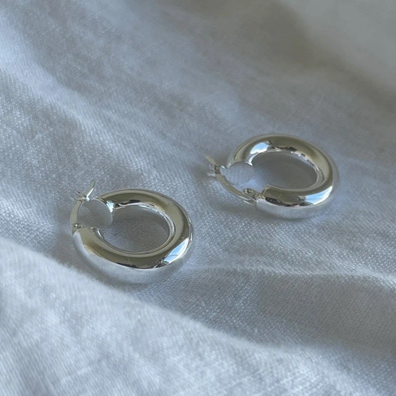 Chunky Sterling Silver Hoop Earrings: Medium Thick Solid Silver Hoops