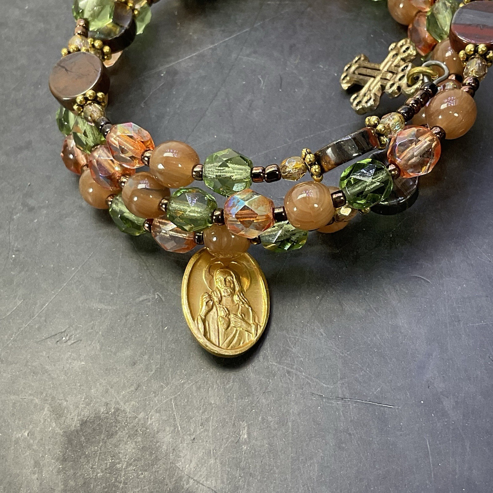 Rosary Wrap Beaded Bracelet Memory Wire Golden Cross Charm Green Orange Beads
