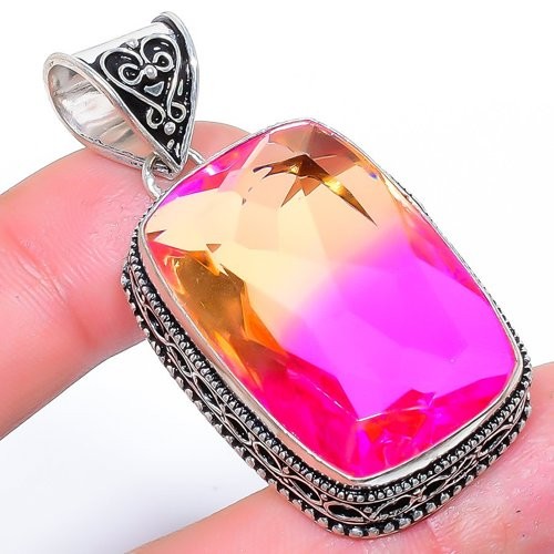 Bi-Color Tourmaline Gemstone 925 Silver Plated Jewelry Pendant 2.0″ S2735