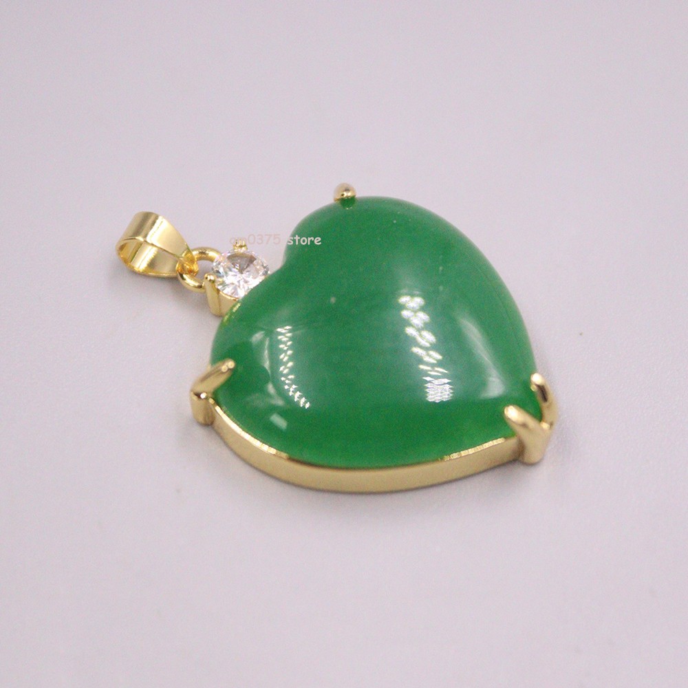 Gold Plated Simulated Heating Jade Loving Heart Green Jadeite Pendant 1.18inchL