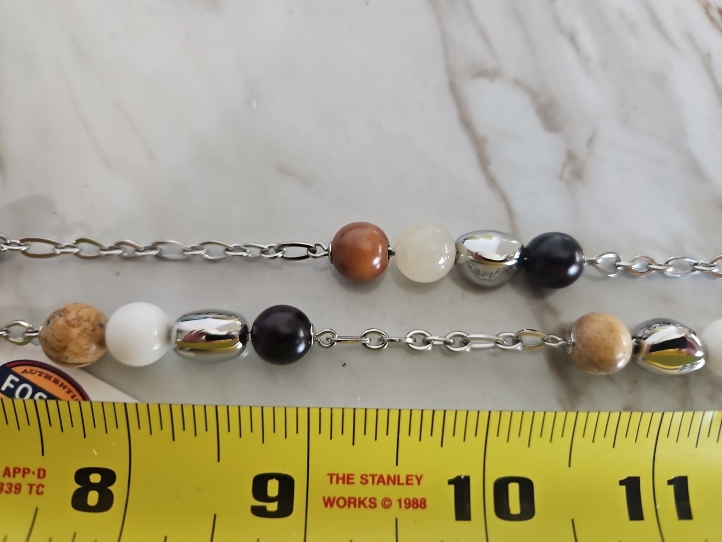 Fossil Necklace Women’s Stainless Steel Big Beads Smoky Quartz New W Tin
