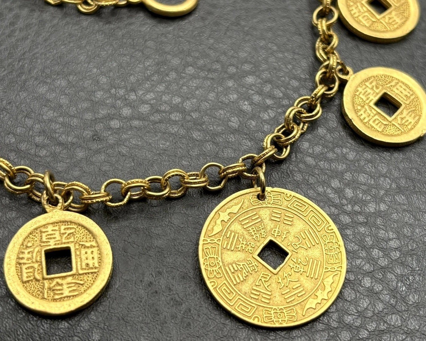VTG Gold Tone Chinese Asian Style Coin Bib Charm Necklace Statement 23” Long