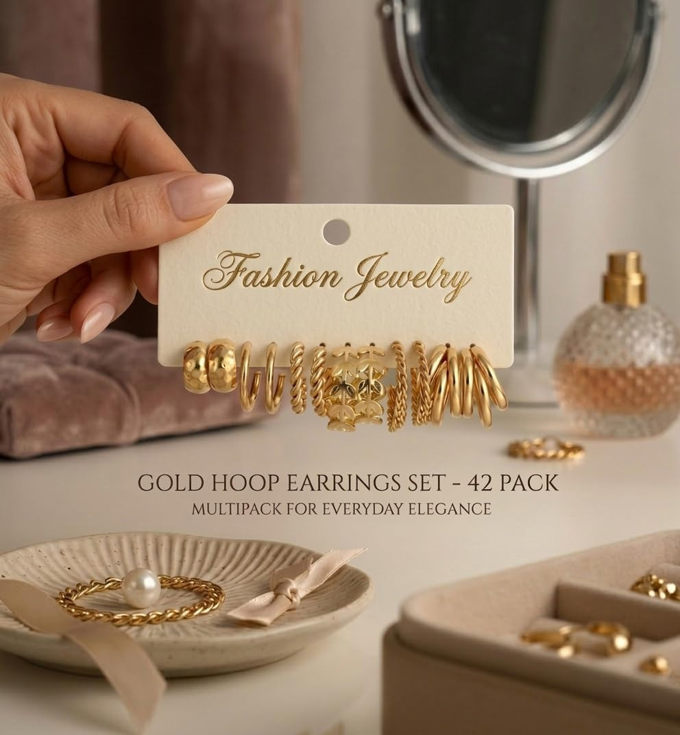 42 Pairs Gold Hoop Earrings Set for Women, Fashion Chunky Pearl Earrings Multipa