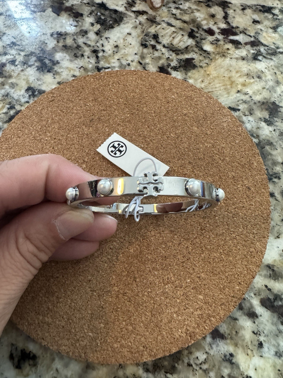 Tory Burch Silver Metal Bangle Bracelet Signed Round Fashion Jewelry