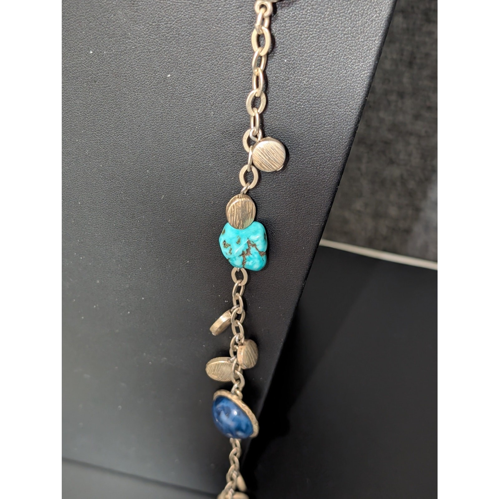 Chico’s Signed Gold Tone Necklace With Faux Turquoise & Blue Cabochons