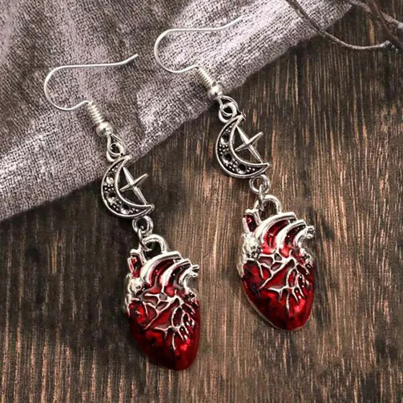 Gothic Anatomical Heart Moon Earrings Vampire Grunge Punk Witchy Drop Jewelry