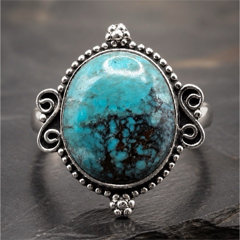 Tibetan Turquoise Oval Bezel Statement 925 Sterling Silver Ring Band Size 8.5