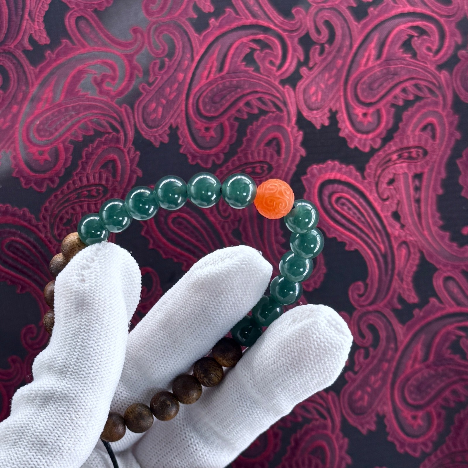 Aromatic Bracelet w Blue Guatemalan Jade Agarwood Nanhong South Red Agate 26M004