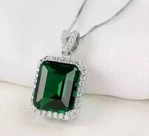 Simulated Green Emerald 4Ct Emerald Cut Women’s Halo Pendant White Gold Plated