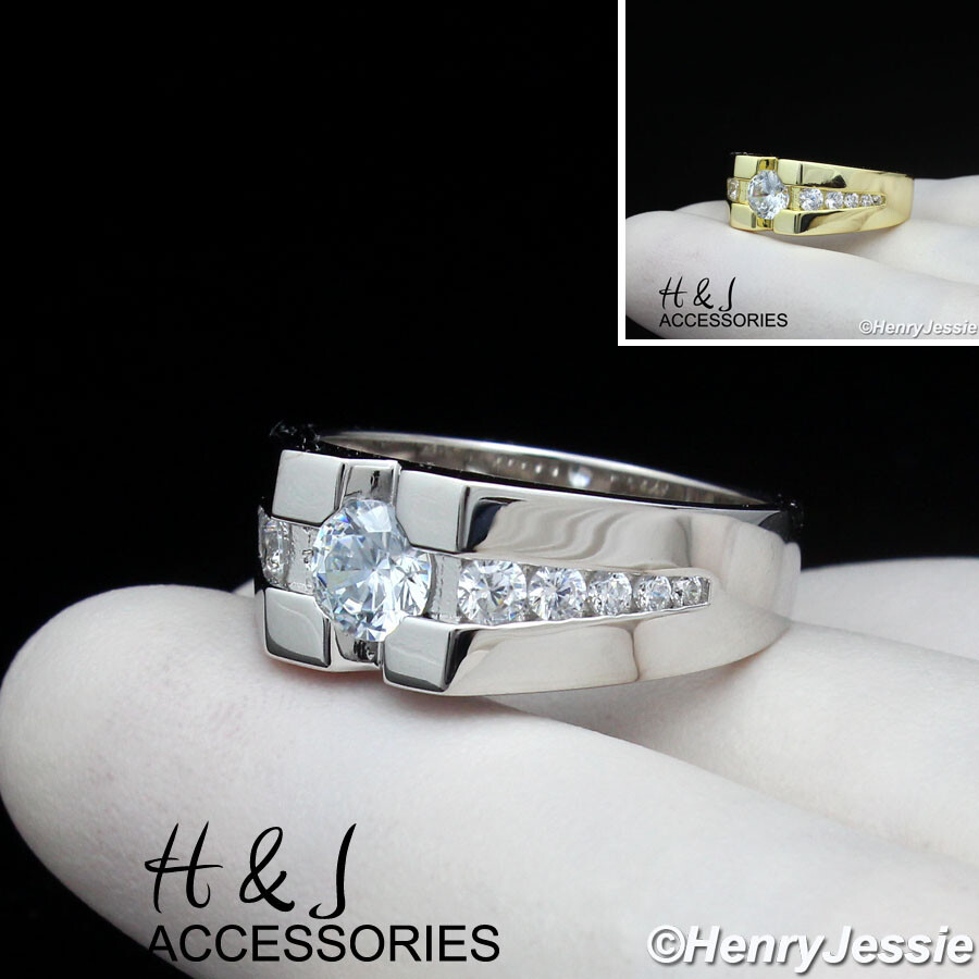 MEN 925 STERLING SILVER ICY BLING CZ GOLD PLATED/SILVER 3D SQUARE RING*ASR202