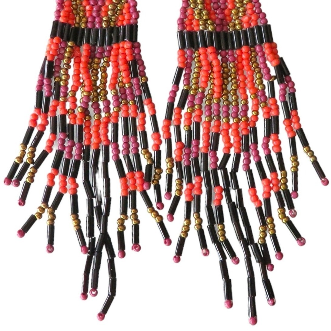 Boho Handmade OOAK Beaded Hanging Earrings Long Lightweight Pink Orange Black