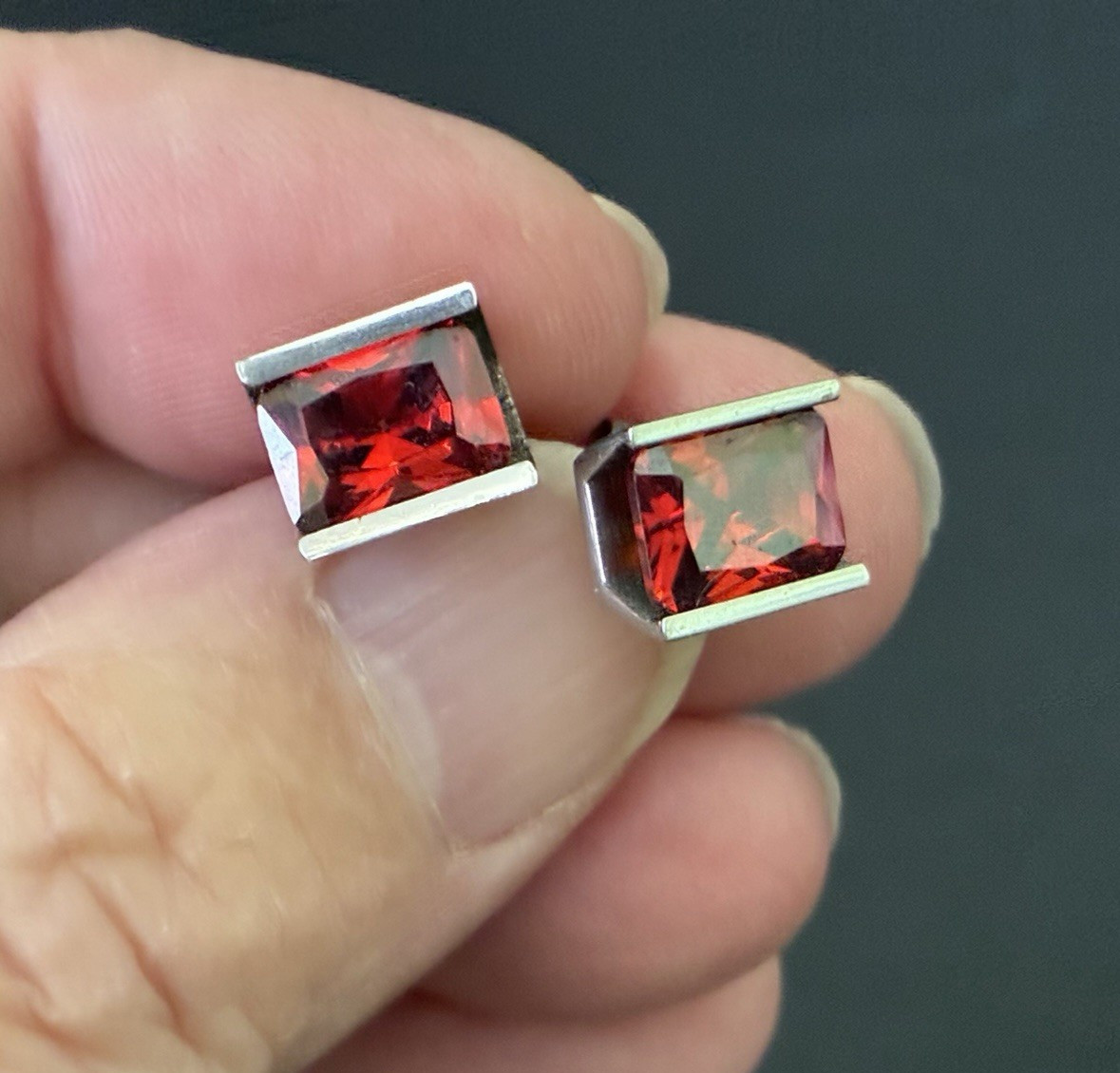 Chisel Stainless Steel Polished Stud Post Earrings w/ Orange Stones ~ Signed