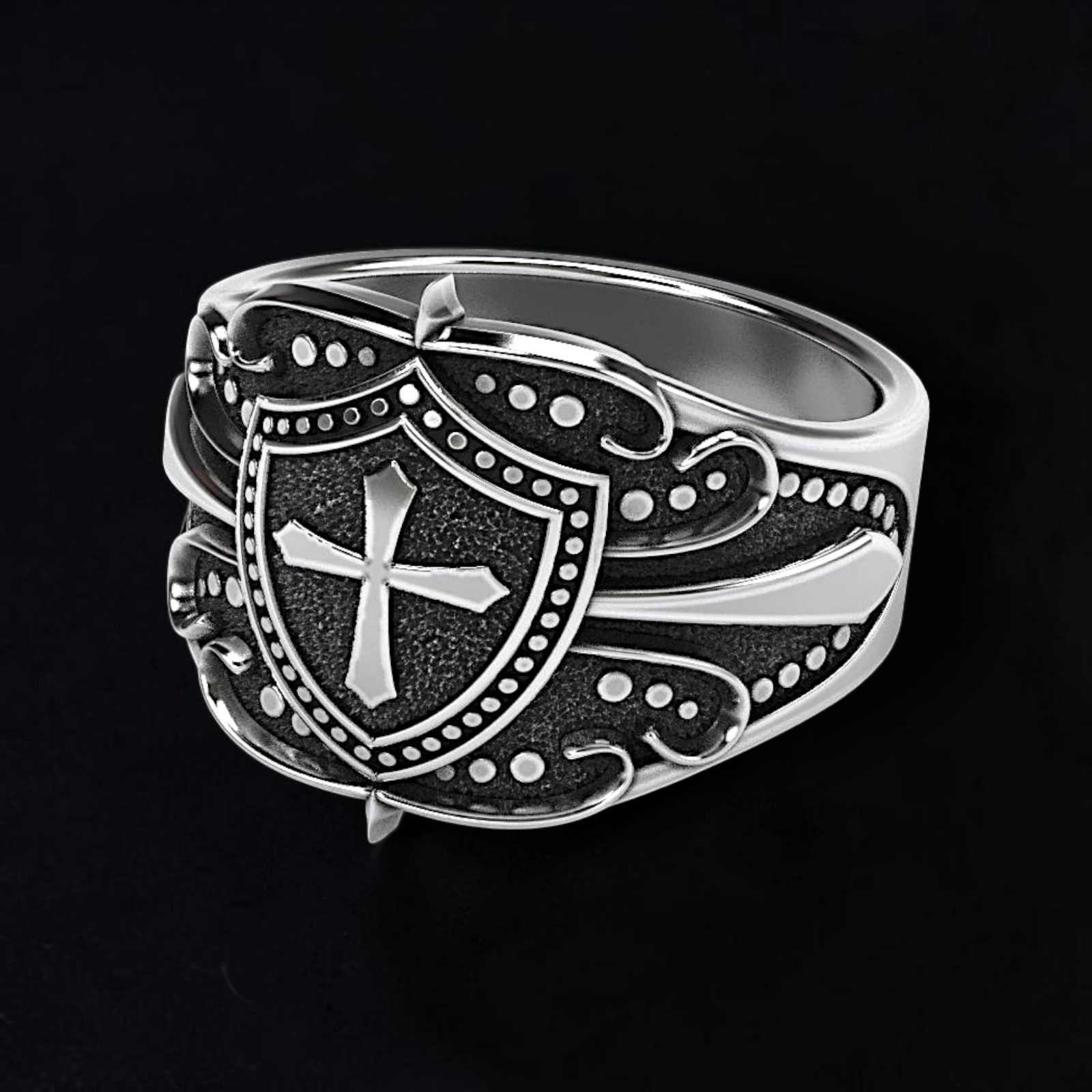 Men’s 925 Sterling Silver Knight Shield Cross Ring | Medieval Crusader