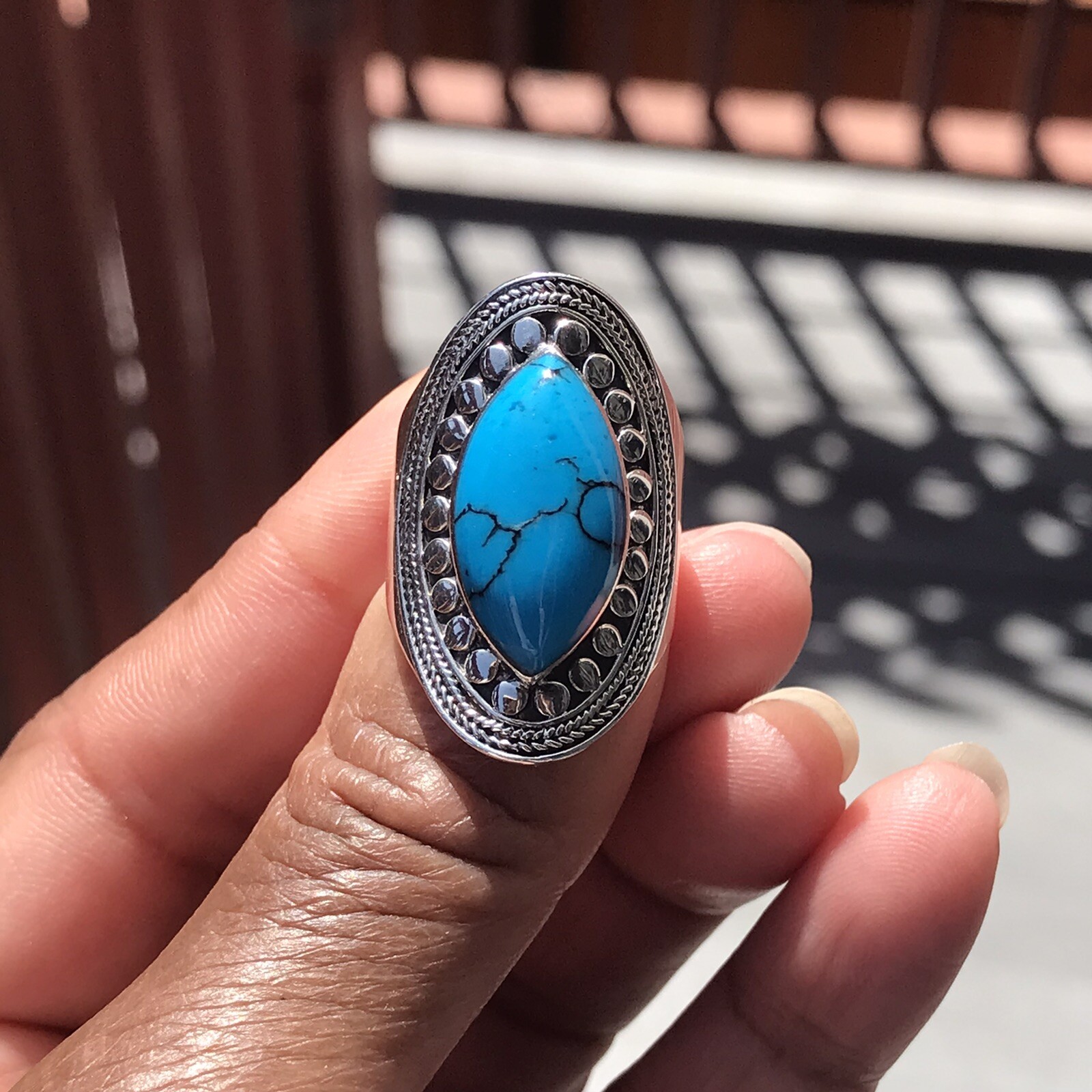 Stabilized Turquoise & 925 Sterling Silver Ring – Cobalt Blue – Marquis – Size 7