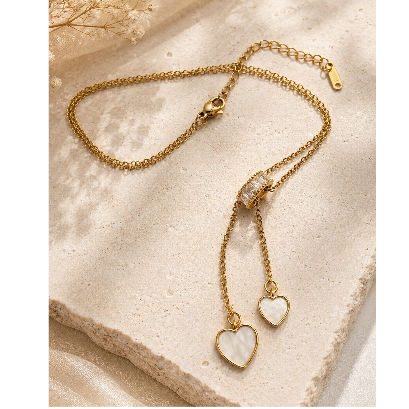 Heart Necklace Gold Plated Adjustable Lariat Y Mother of Pearl CZ Charm
