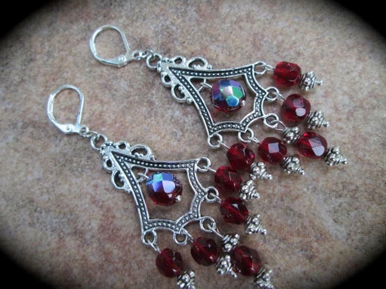 Ruby Red Aurora Borealis Chandelier Earrings Sterling Silver wires Prom Earrings