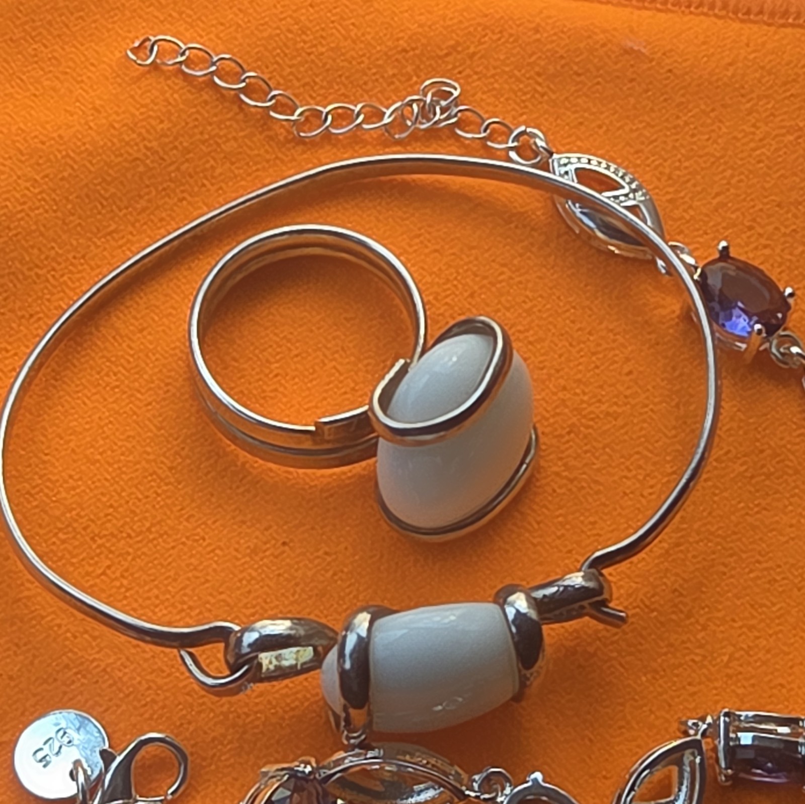 Silver Tone White Oval Stone Ring & Bracelet Set with Purple Accents