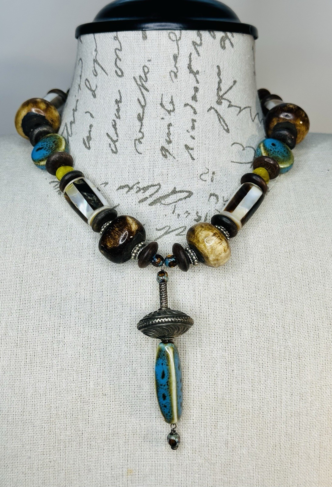 Handmade Artisan Wood Ceramic Shell Inlay Beaded Pendant Necklace Toggle Clasp