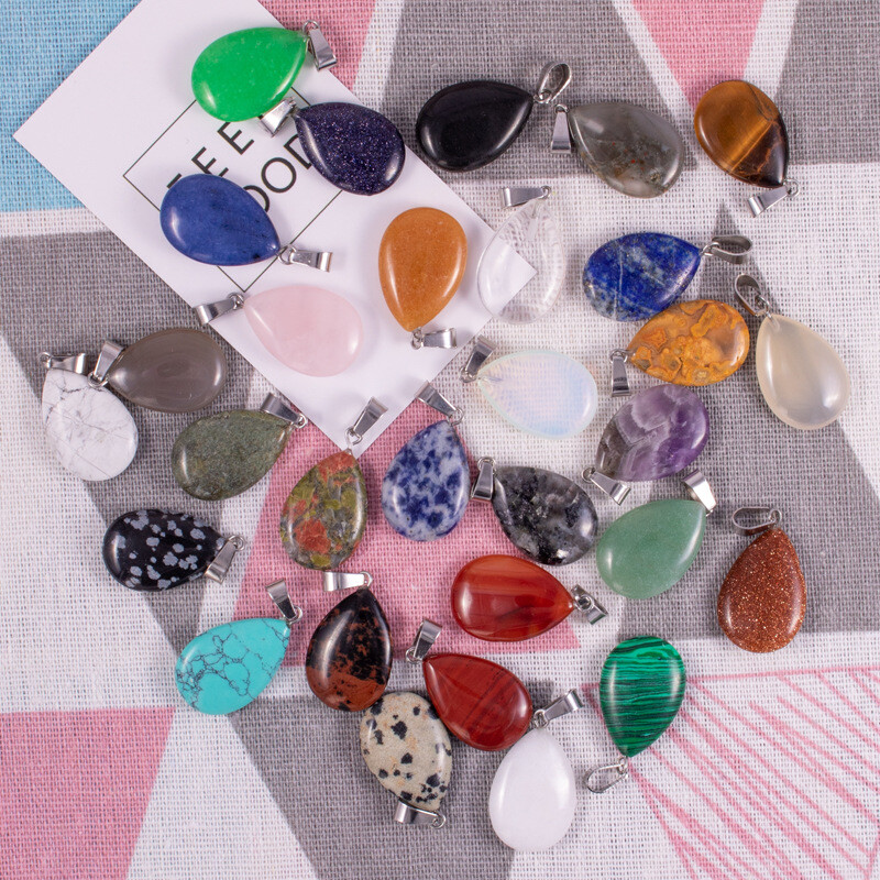 50pcs Mixed Natural Stone Water Drop Gemstone Beads Pendants DIY Jewelry Making