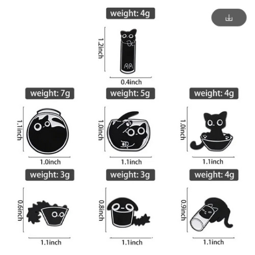 Black Cat Cartoon Cute Animation 1″ Enamel Pin Set of 7 New