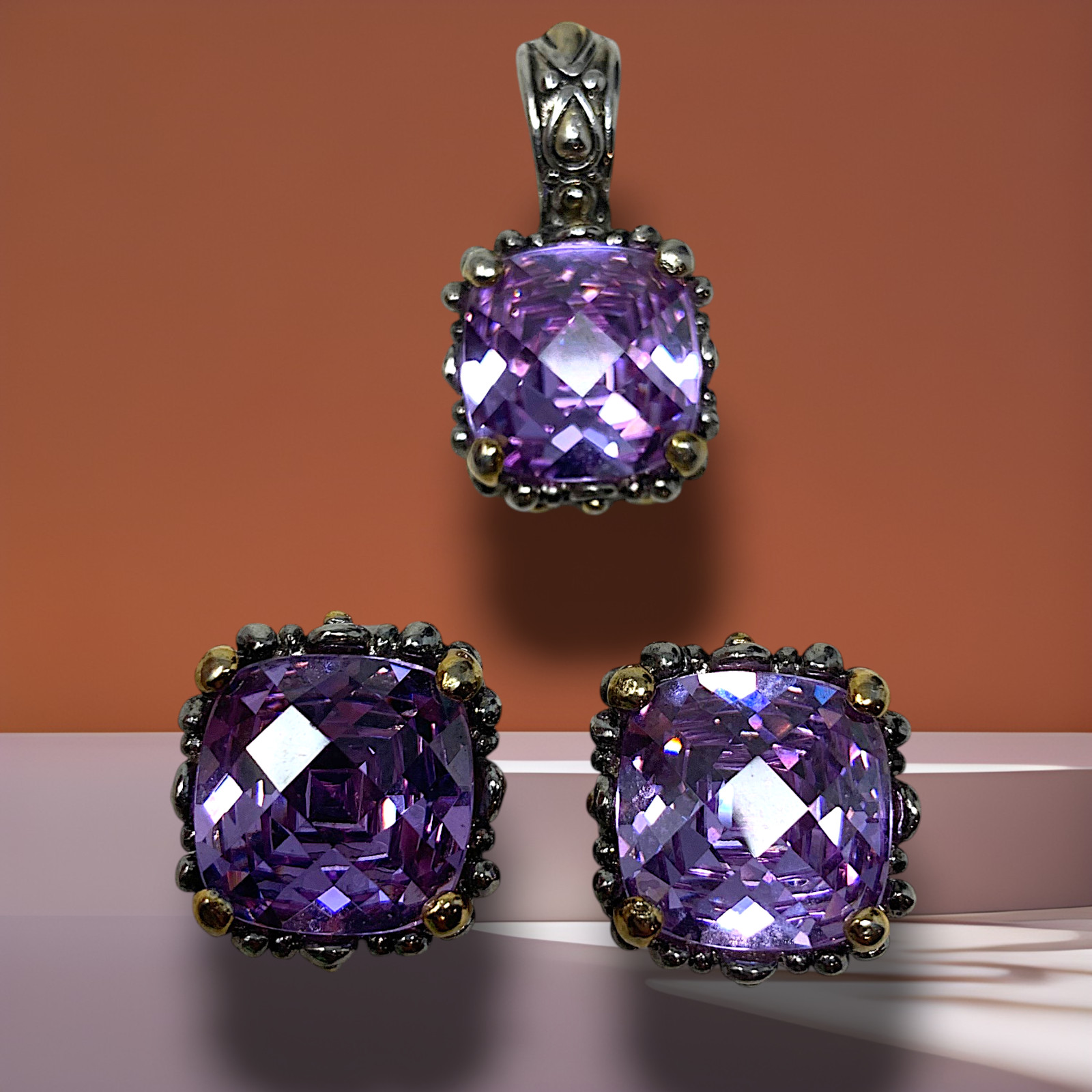 Vintage Purple Crystal Pendant Earrings Set Cushion Cut Gold Tone 80s Glam
