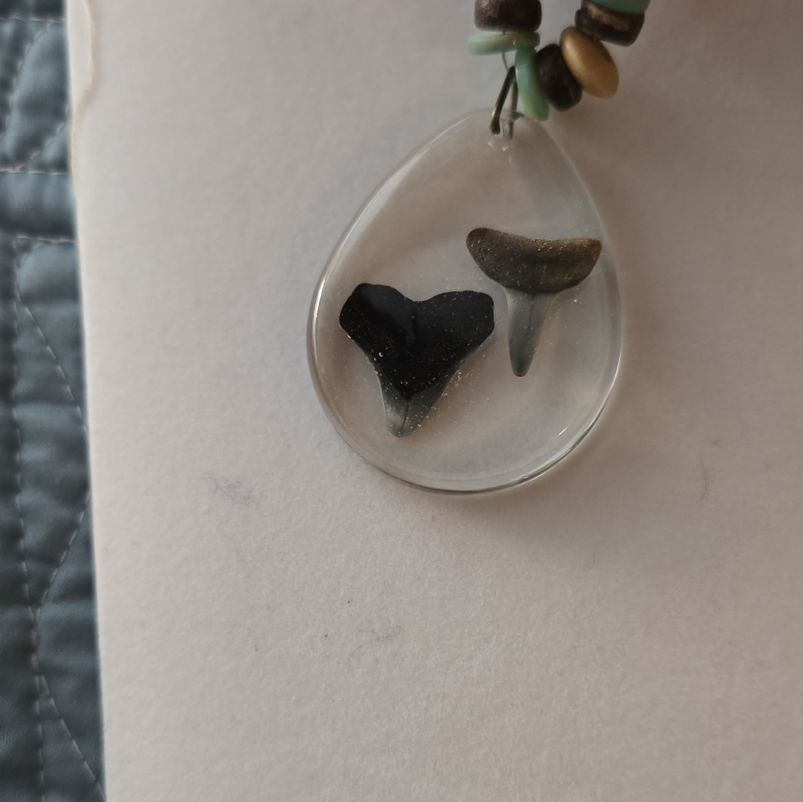 Beaded Necklace Handcrafted Resin Shark Teeth Charm, Wood Glass Beads