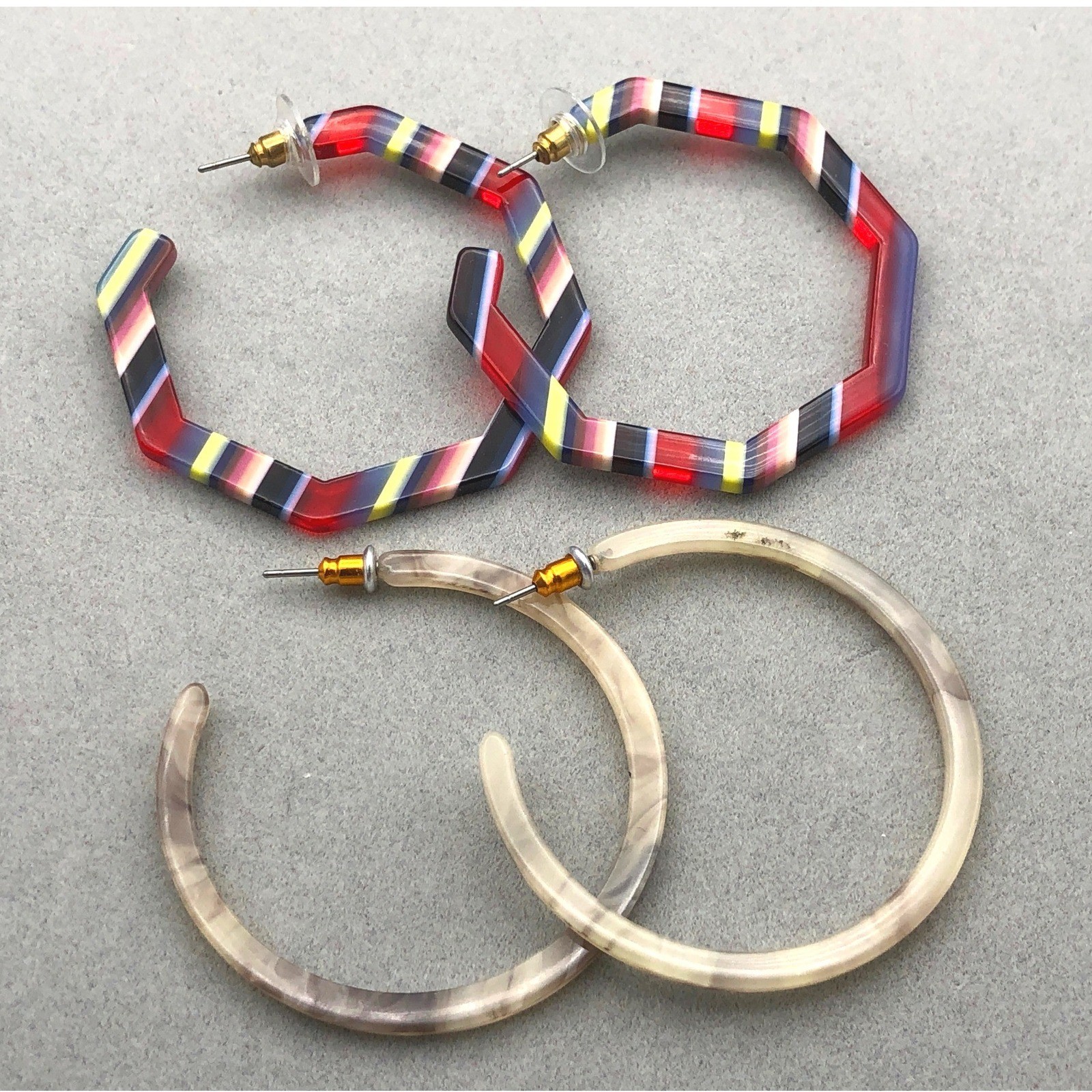 Hoop Earrings Set Multicolor Striped Octagon Cream Marbled Acrylic Resin