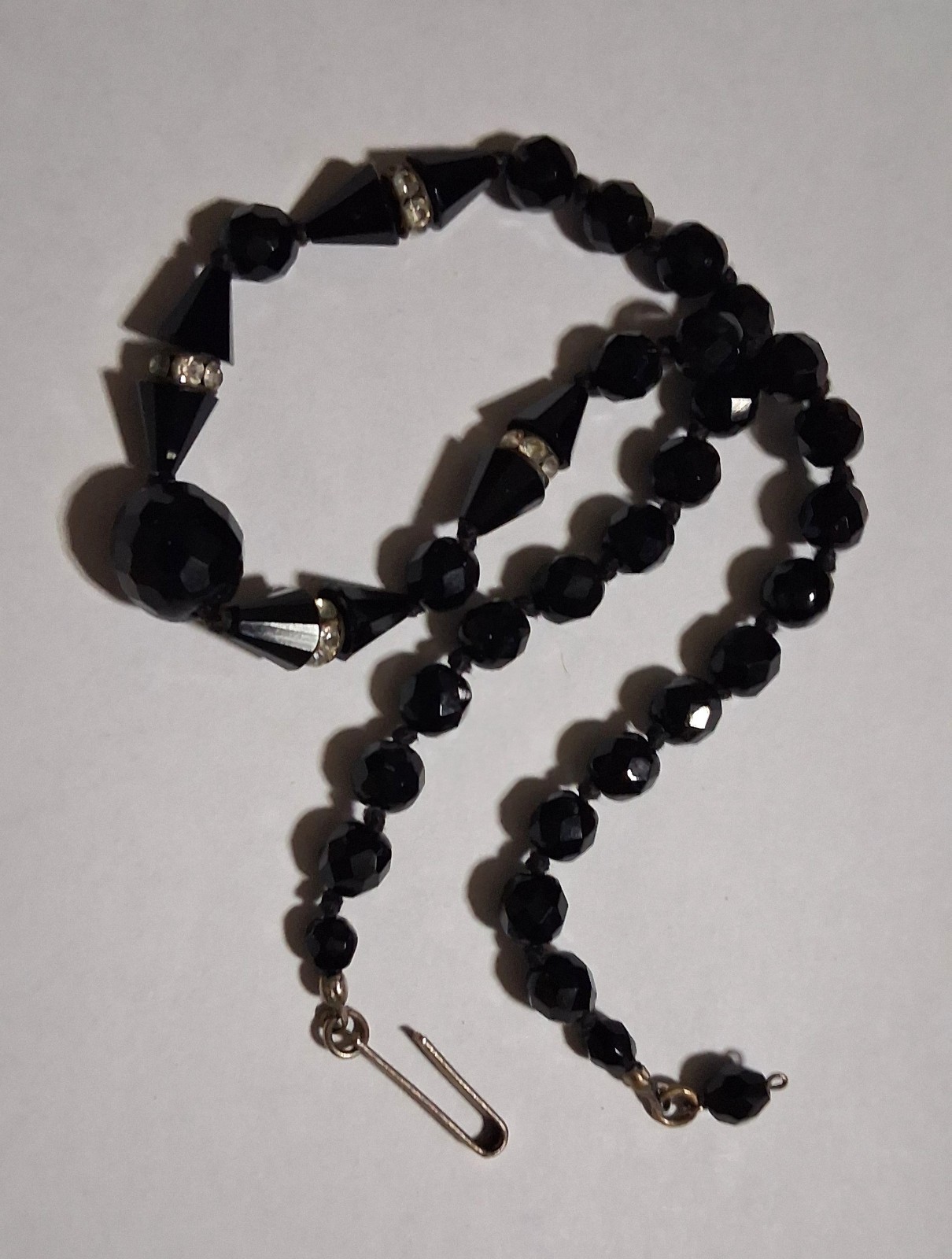 Deco Necklace VTG Austrian Crystal Black Faceted Beads wt Rhinestone Spacers