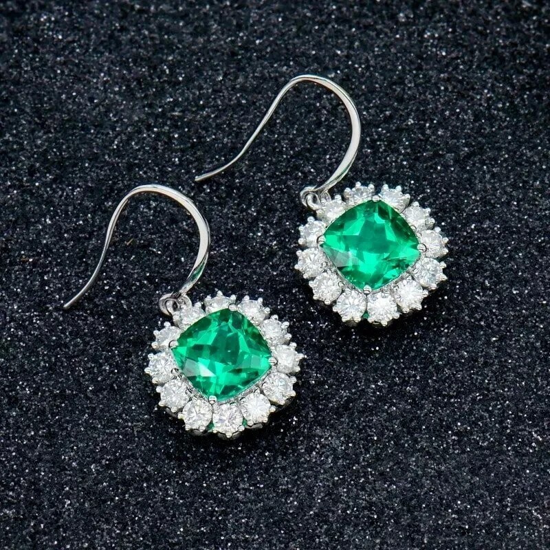 2.20Ct Cushion Cut Simulated Green Emerald Drop Earrings 14K White Gold Plated