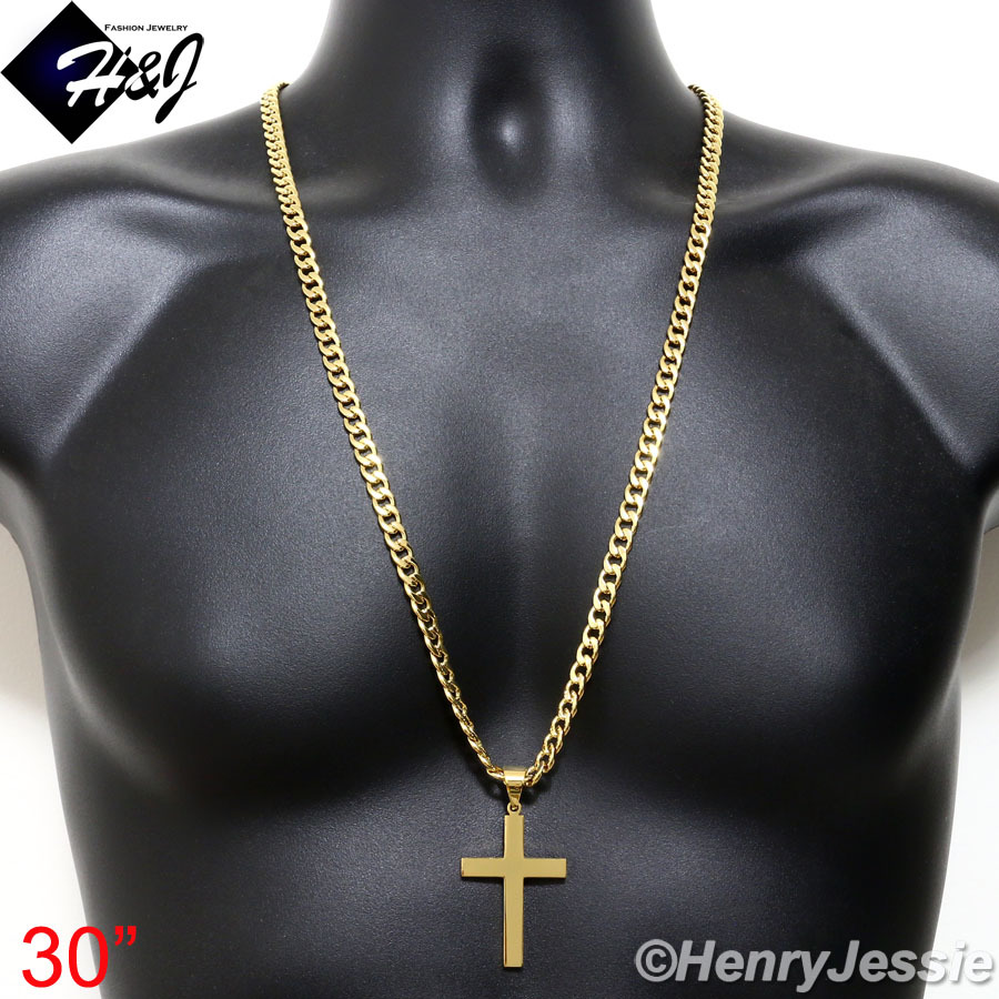 18″-40″Stainless Steel 7mm Gold Plated Cuban Curb Chain Plain Cross Pendant*GP64